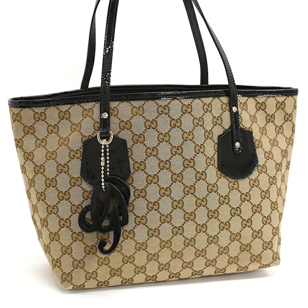 Gucci Tote Bag Shoulder GG Canvas Enamel Beige Cream Dark Brown